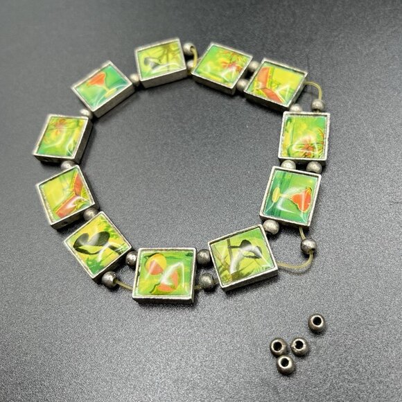 Vintage Resin Art Tile Bracelet Tropical Beach Summer Floral Silver Tone *BROKEN - Picture 2 of 6